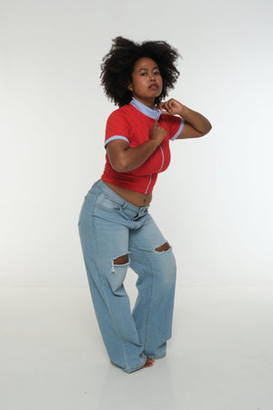 Core ZIP Mid Crop Tee in Red with pastel blue rib - Manners London