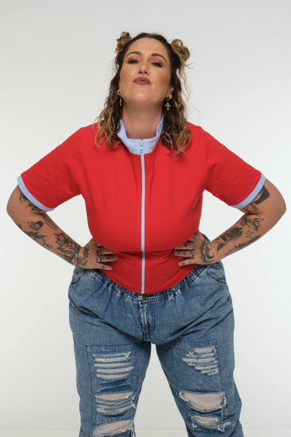 Core ZIP Mid Crop Tee in Red with pastel blue rib - Manners London