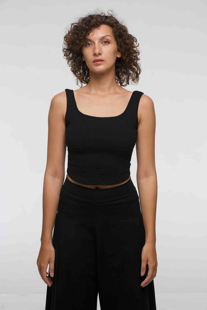 Corset Panelled Mid Crop Top in Black - Manners London