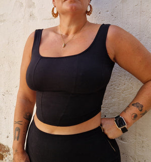 Corset Panelled Mid Crop Top in Black - Manners London