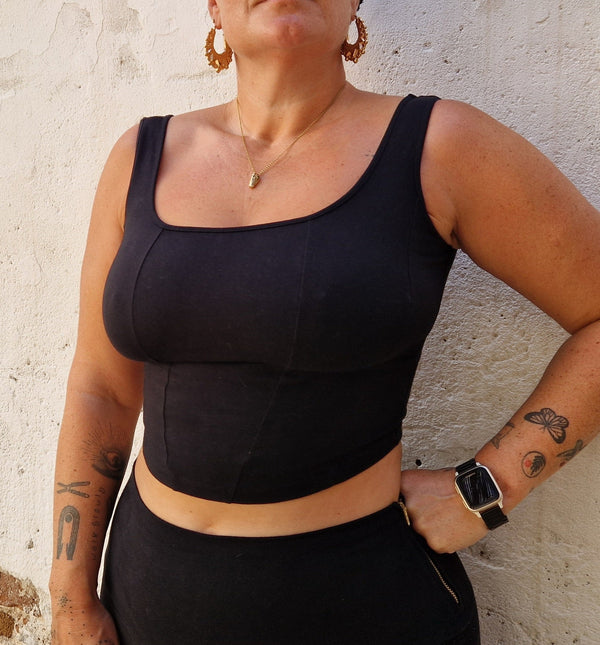 Corset Panelled Mid Crop Top in Black - Manners London
