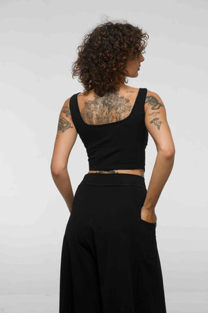 Corset Panelled Mid Crop Top in Black - Manners London