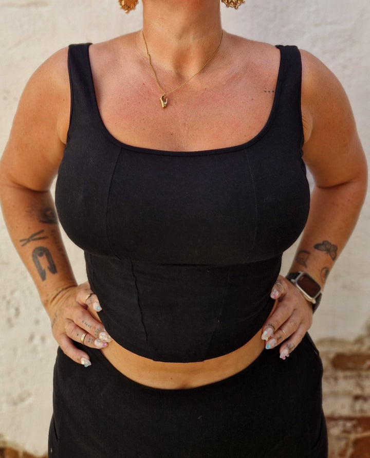 Corset Panelled Mid Crop Top in Black - Manners London