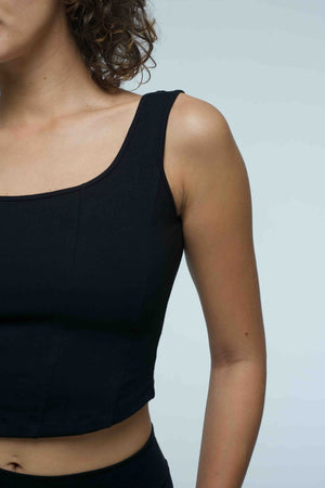 Corset Panelled Mid Crop Top in Black - Manners London