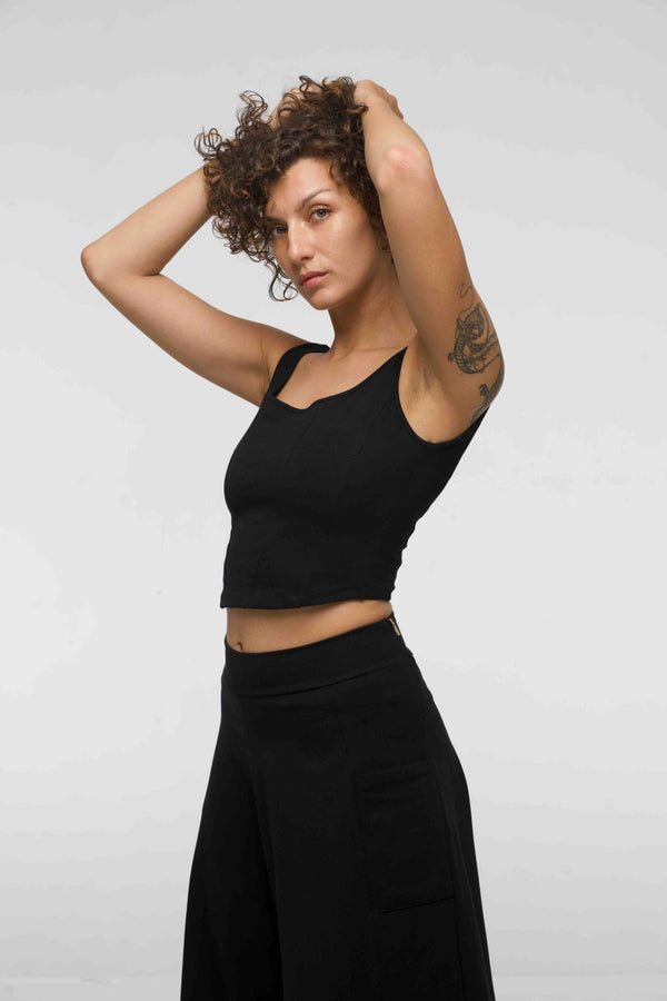 Corset Panelled Mid Crop Top in Black - Manners London