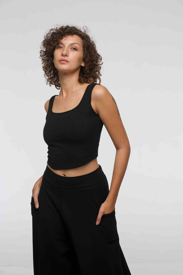 Corset Panelled Mid Crop Top in Black - Manners London