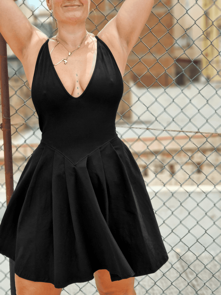 Corset Puff Dress Mini in Black (with pockets) - Manners London