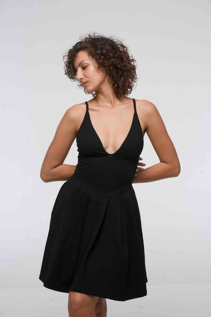 Corset Puff Dress Mini in Black (with pockets) - Manners London