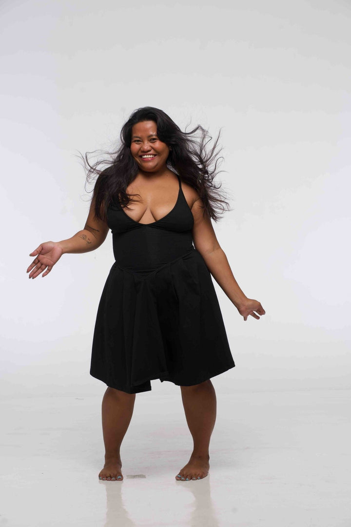 Corset Puff Dress Mini in Black (with pockets) - Manners London
