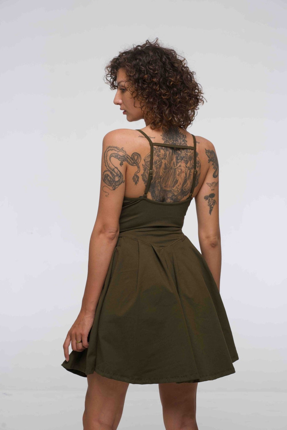 Corset Puff Dress Mini in Khaki Green (with pockets) - Manners London