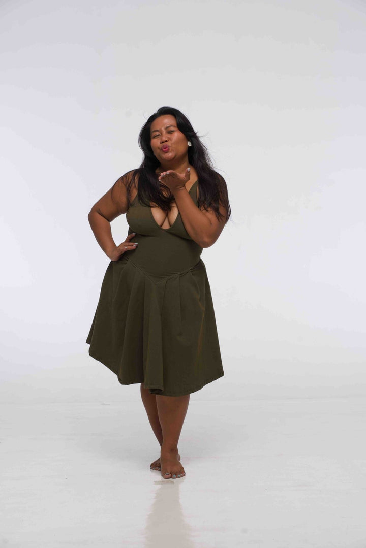 Corset Puff Dress Mini in Khaki Green (with pockets) - Manners London