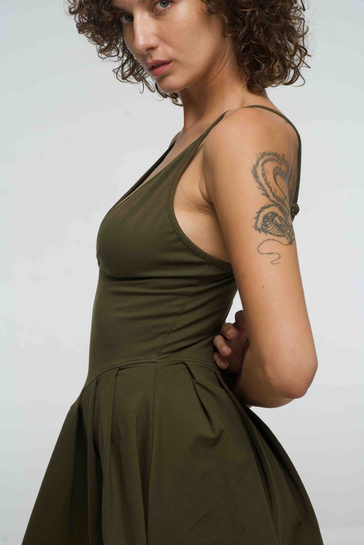 Corset Puff Dress Mini in Khaki Green (with pockets) - Manners London