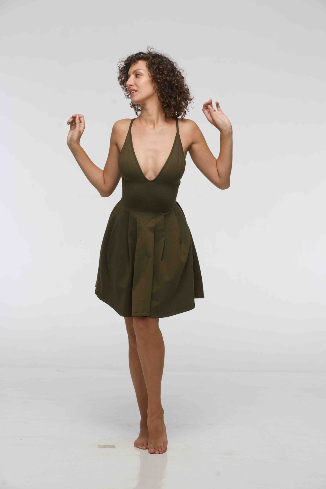 Corset Puff Dress Mini in Khaki Green (with pockets) - Manners London