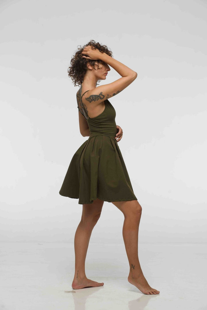 Corset Puff Dress Mini in Khaki Green (with pockets) - Manners London