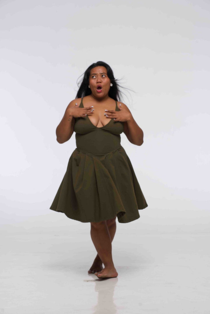 Corset Puff Dress Mini in Khaki Green (with pockets) - Manners London