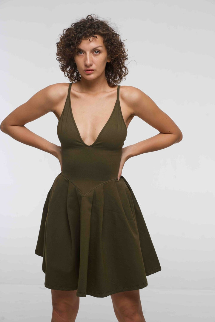 Corset Puff Dress Mini in Khaki Green (with pockets) - Manners London