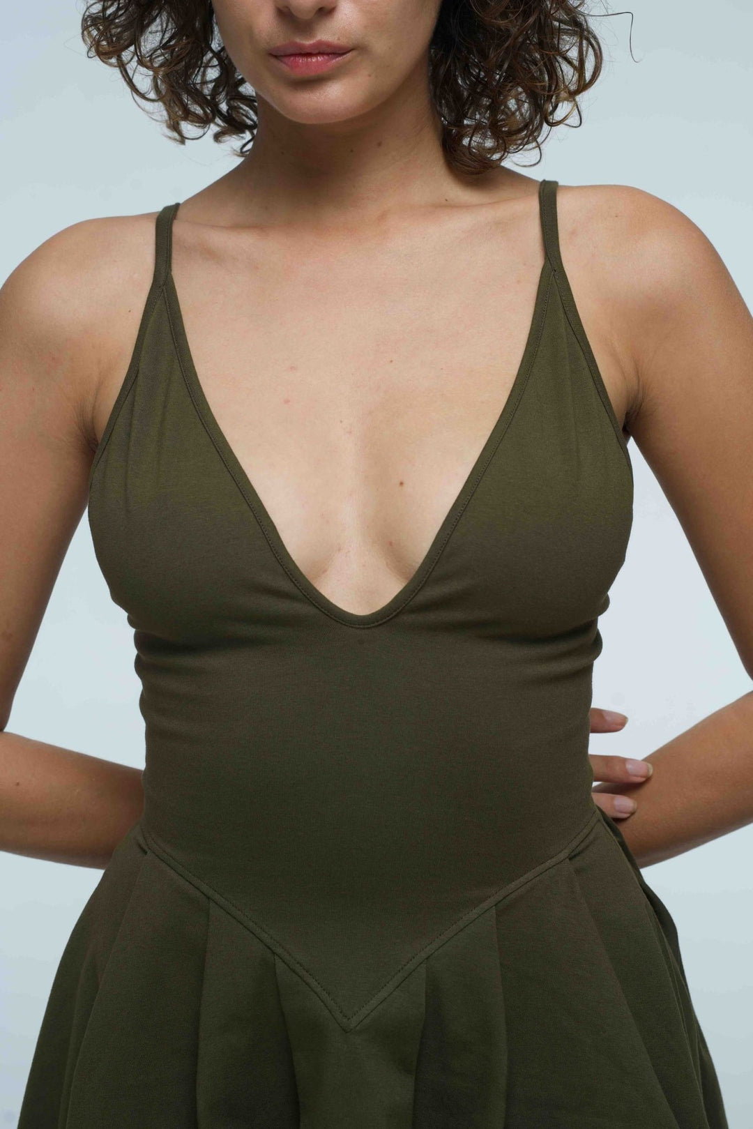Corset Puff Dress Mini in Khaki Green (with pockets) - Manners London