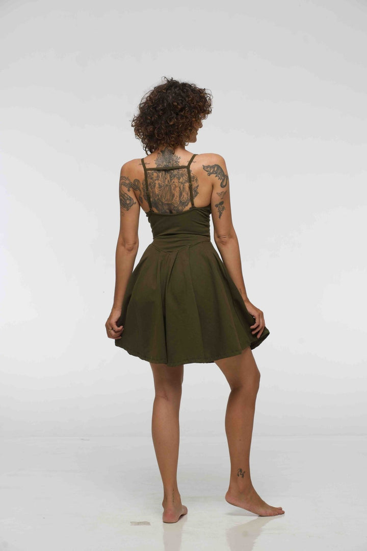 Corset Puff Dress Mini in Khaki Green (with pockets) - Manners London