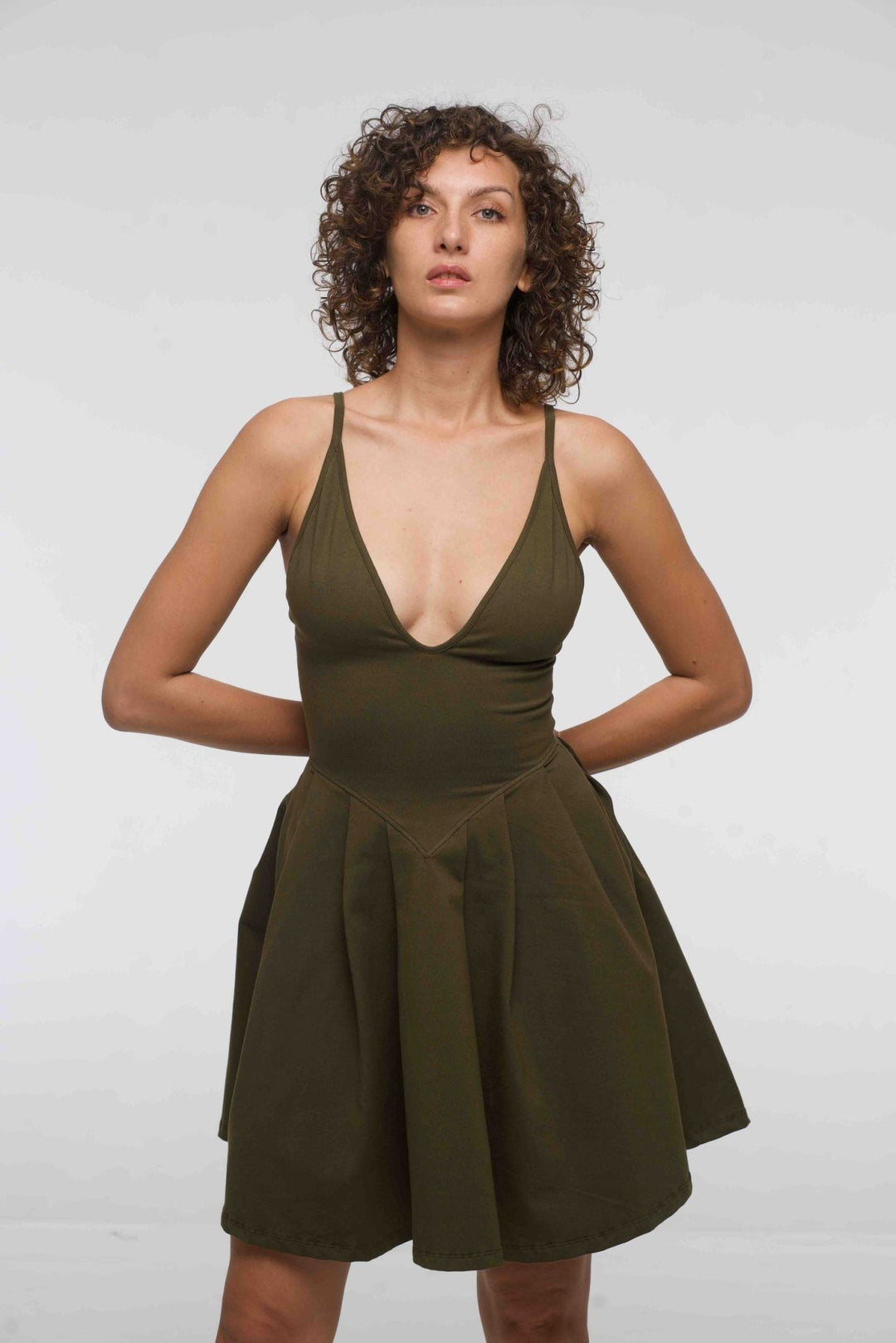 Corset Puff Dress Mini in Khaki Green (with pockets) - Manners London