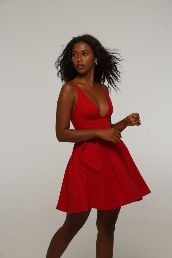 Corset Puff Dress Mini in Pomegranate Red (with pockets) - Manners London