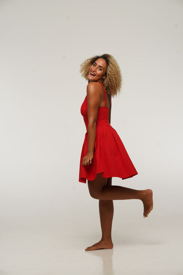 Corset Puff Dress Mini in Pomegranate Red (with pockets) - Manners London