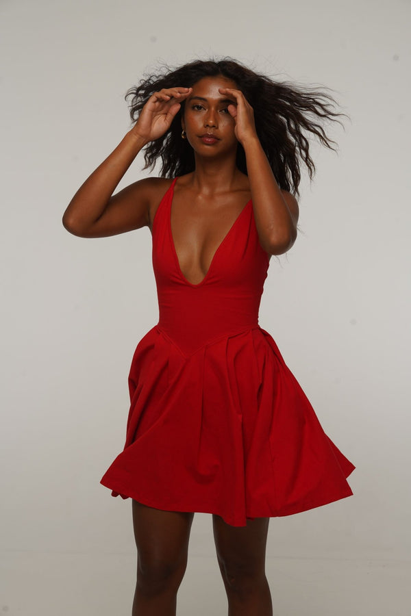 Corset Puff Dress Mini in Pomegranate Red (with pockets) - Manners London