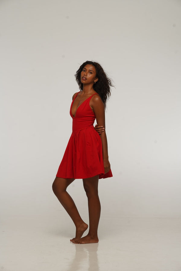 Corset Puff Dress Mini in Pomegranate Red (with pockets) - Manners London