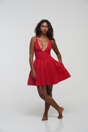 Corset Puff Dress Mini in Pomegranate Red (with pockets) - Manners London