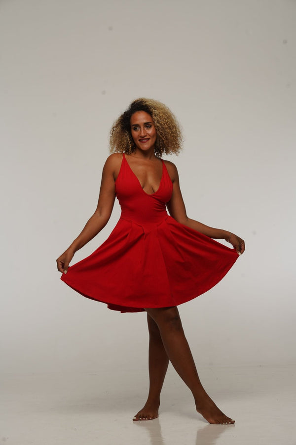 Corset Puff Dress Mini in Pomegranate Red (with pockets) - Manners London