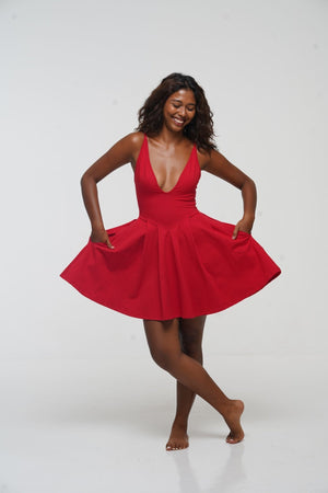 Corset Puff Dress Mini in Pomegranate Red (with pockets) - Manners London