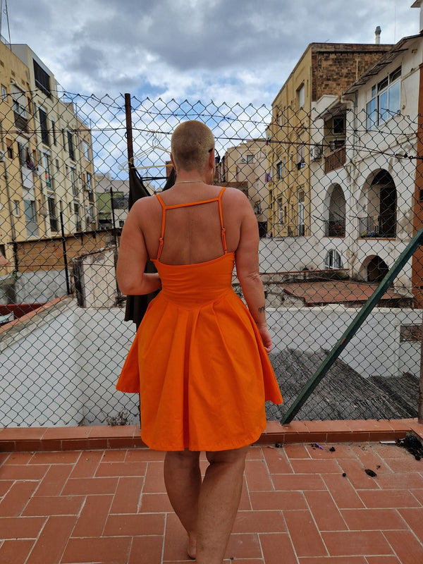 Corset Puff Dress Mini in Tangerine (with pockets) - Manners London