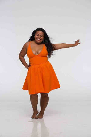 Corset Puff Dress Mini in Tangerine (with pockets) - Manners London