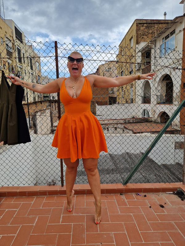Corset Puff Dress Mini in Tangerine (with pockets) - Manners London