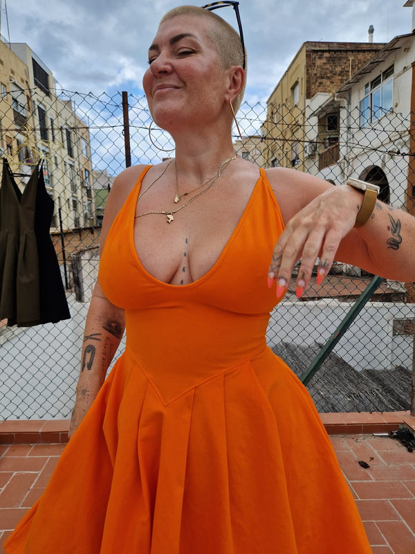 Corset Puff Dress Mini in Tangerine (with pockets) - Manners London