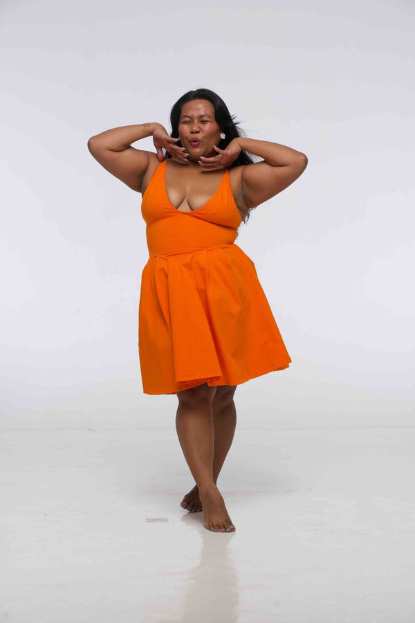Corset Puff Dress Mini in Tangerine (with pockets) - Manners London