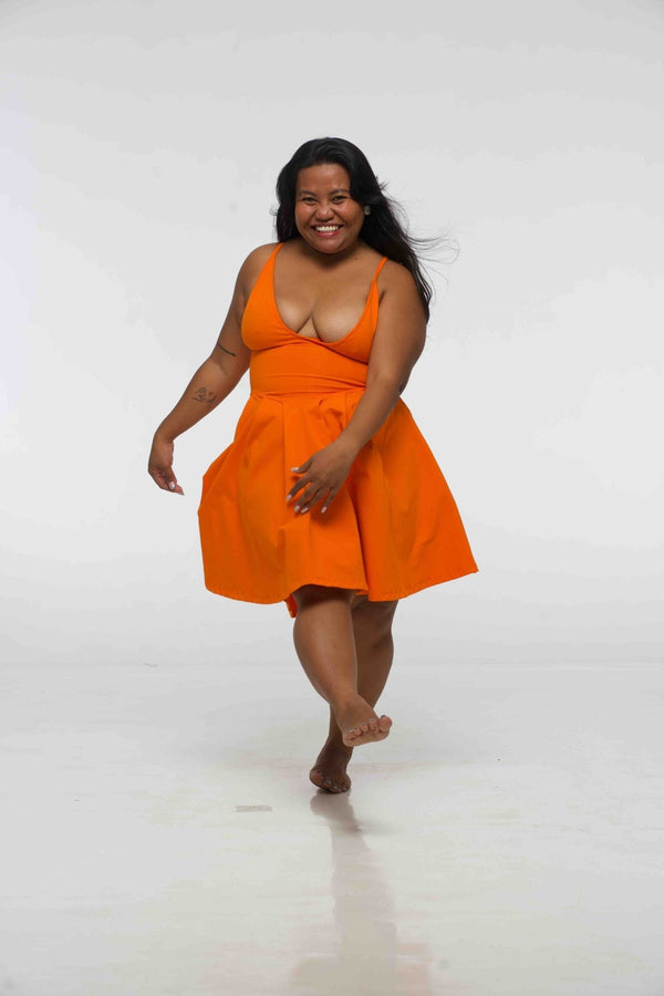 Corset Puff Dress Mini in Tangerine (with pockets) - Manners London