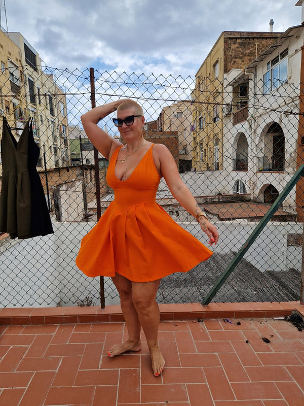 Corset Puff Dress Mini in Tangerine (with pockets) - Manners London