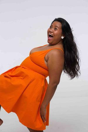 Corset Puff Dress Mini in Tangerine (with pockets) - Manners London