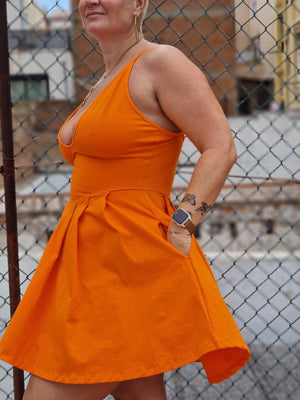 Corset Puff Dress Mini in Tangerine (with pockets) - Manners London