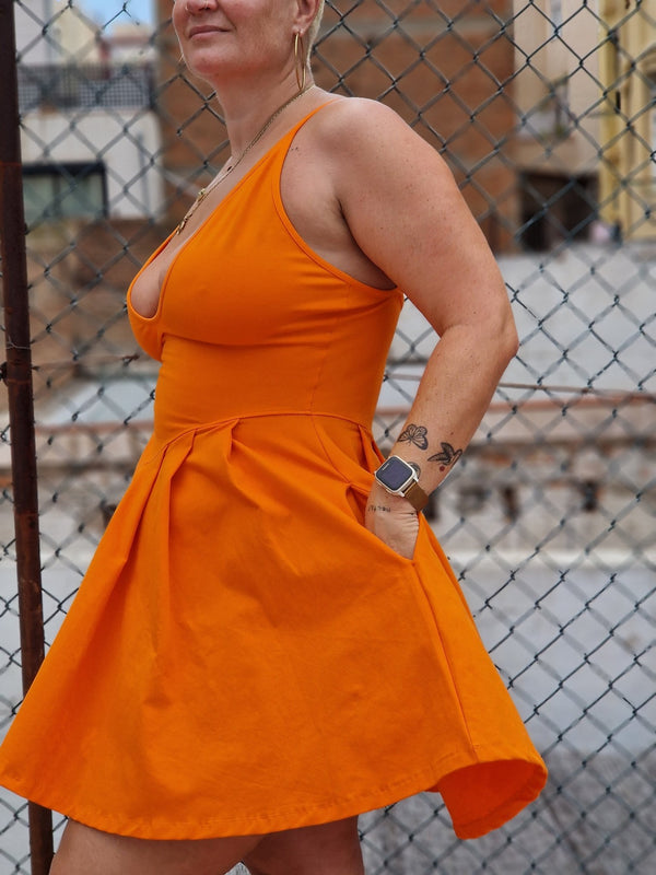 Corset Puff Dress Mini in Tangerine (with pockets) - Manners London