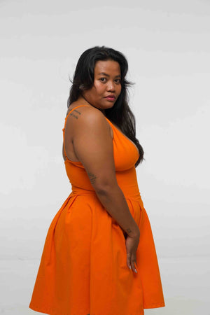 Corset Puff Dress Mini in Tangerine (with pockets) - Manners London