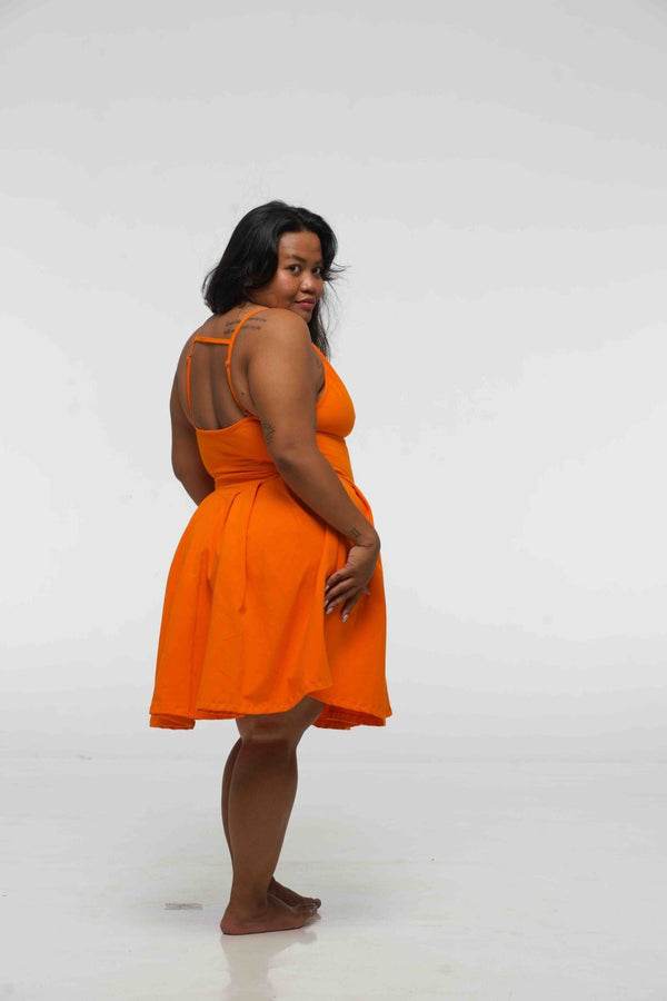 Corset Puff Dress Mini in Tangerine (with pockets) - Manners London