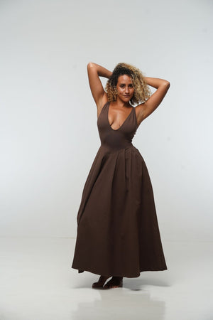 Corset Puff Maxi Dress (with pockets) in Chocolate Brown - Manners London