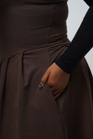 Corset Puff Maxi Dress (with pockets) in Chocolate Brown - Manners London