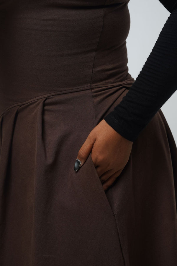 Corset Puff Maxi Dress (with pockets) in Chocolate Brown - Manners London