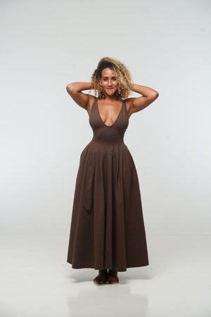 Corset Puff Maxi Dress (with pockets) in Chocolate Brown - Manners London