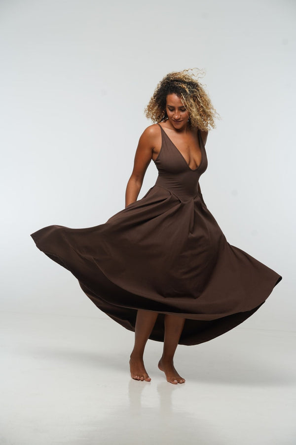 Corset Puff Maxi Dress (with pockets) in Chocolate Brown - Manners London