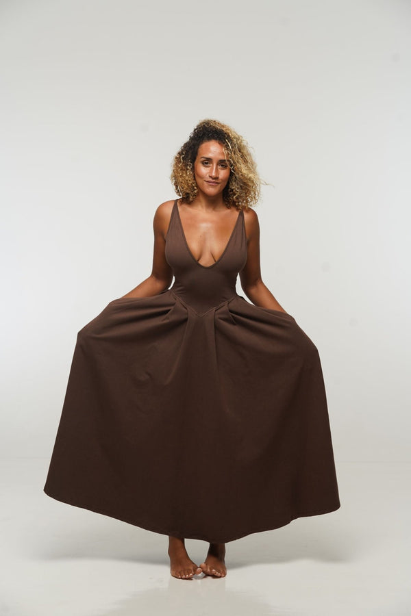 Corset Puff Maxi Dress (with pockets) in Chocolate Brown - Manners London