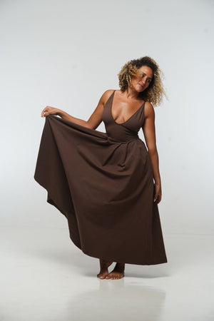 Corset Puff Maxi Dress (with pockets) in Chocolate Brown - Manners London