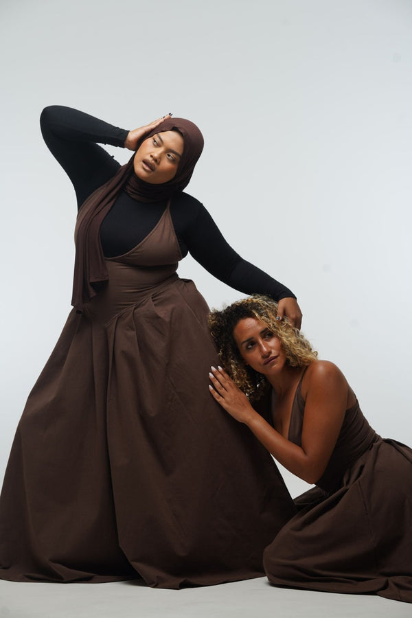 Corset Puff Maxi Dress (with pockets) in Chocolate Brown - Manners London